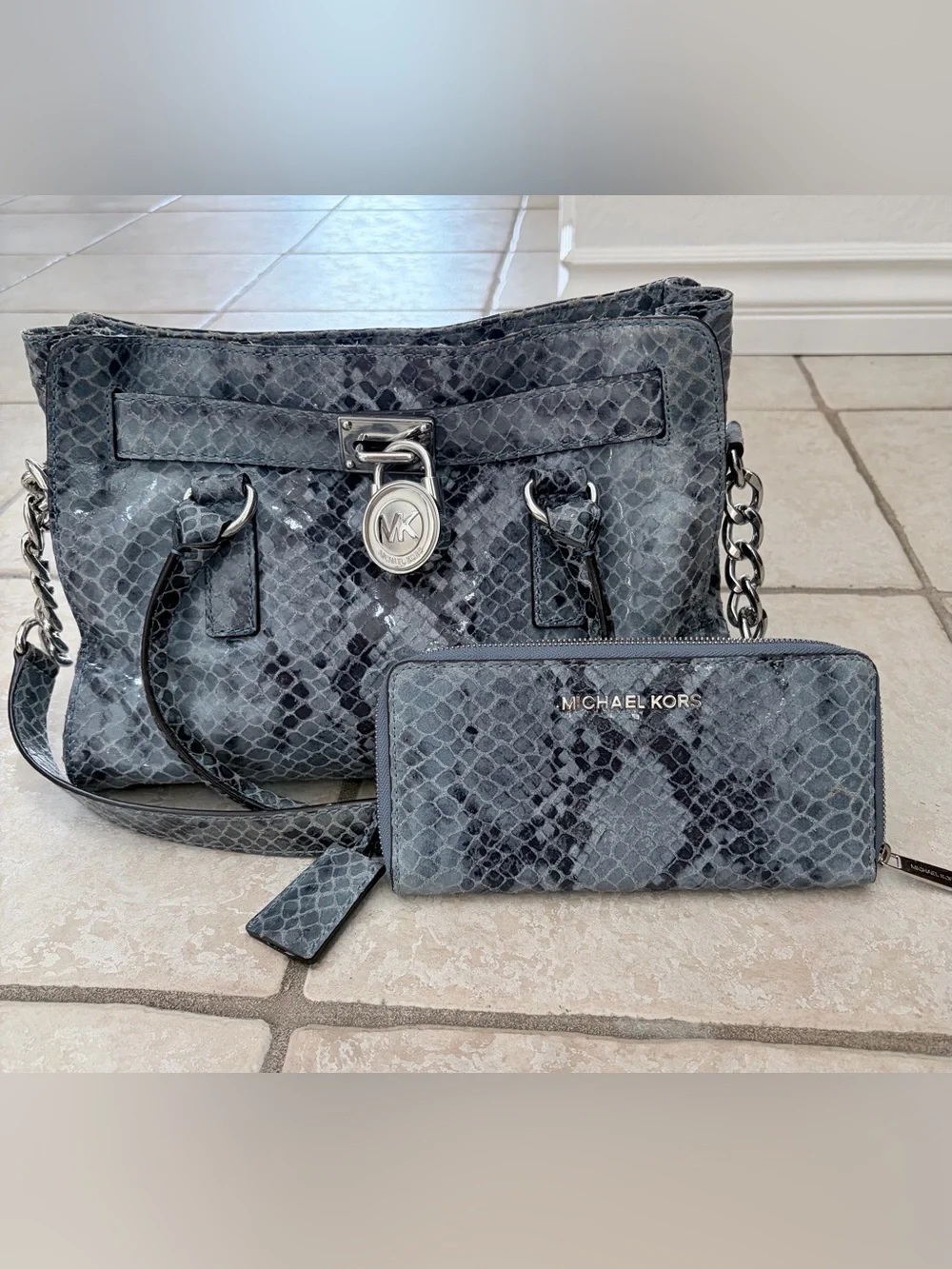 Michael Kors Hamilton blue snake-skin embossed satchel with matching wallet